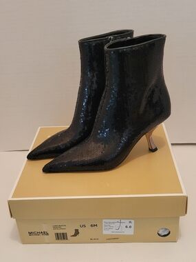 NWT Michael Kors Luna Sequin Booties Black Sz 6M Pointed Toe Kitten Heel